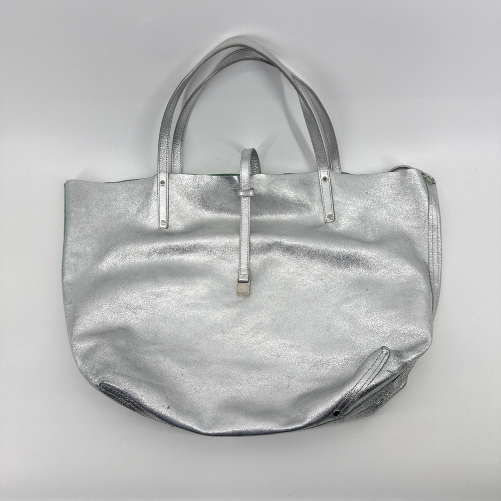 Tiffany & Co Metallic Silver Leather Reversible Tote Bag Tiffany Blue Suede LRG
